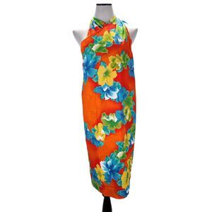 Vintage Hilo Hattie Sarong Wrap Dress One Size Beach Coverup Orange Floral Print